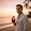 Malay man perfume lifestyle shot at Langkawi beach, soft warm sunset, romantic masculine tone.