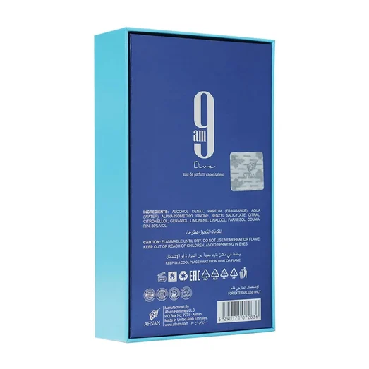 Bottle of 9AM Dive Afnan men's fragrance fresh citrus scent marine popular choice in Malaysia