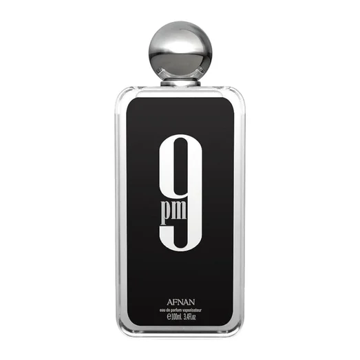 Bottle of 9PM Afnan men's perfume sweet spicy scent night fragrance popular choice in Malaysia