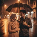 Malay hijabi woman and partner sharing umbrella at night in KL, 9PM Elixir held in man's hand, warm street bokeh, cinematic romantic mood