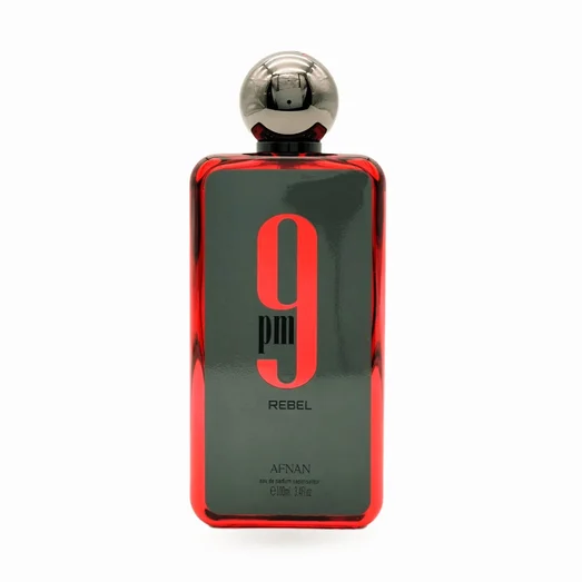 Bottle of 9PM Rebel Afnan men's fragrance sweet scent warm amber popular choice in Malaysia