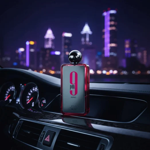 Perfume 9 PM Rebel at car dashboard with city neon lights Malaysia night