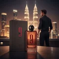 Bottle of Afnan 9 PM Rebel on Kuala Lumpur rooftop with Malaysian man confident night style