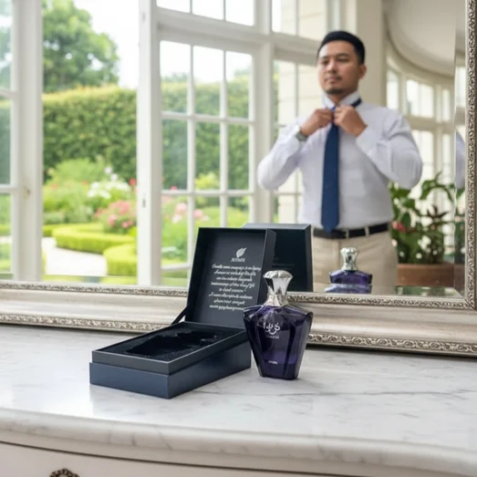 Premium fragrance Turathi Blue Afnan – Man adjusting his tie in front of a mirror with a blue perfume bottle and packaging on a table.