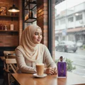 Hijab-wearing woman soft romance rainy café Malaysia with perfume on table warm cozy scene