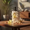 Afnan Pure Musk Mushroom-shaped bottle with floral decorations on a wooden table in a room setting