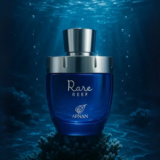 Box and Bottle of Rare Reef Afnan fragrance men's blue aquatic vibe sporty Malaysia