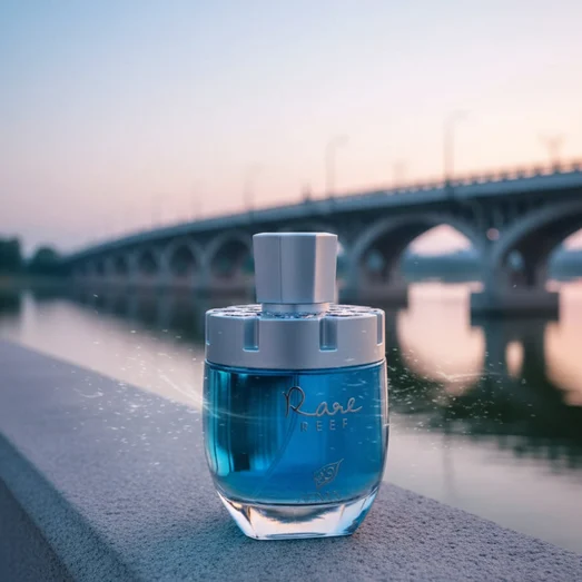 Perfume bottle placed on Putrajaya bridge rail, soft blue sunset light, gentle wind flow, cinematic marine atmosphere
