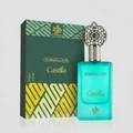 Perfume bottle and packaging with 'Al Andalus Castilla' branding on a reflective surface.