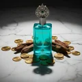 Turquoise perfume bottle with decorative cap on a white background