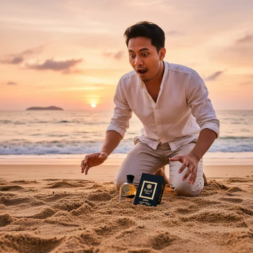 Amnia perfume bottle and packaging on a beige background
