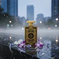 Oud Mystery Intense Perfume bottle on rain-wet marble with orchid petals and soft city reflection – feminine sweet fragrance
