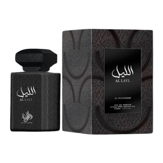 Black perfume bottle and packaging with 'Al Lail' branding on a white background