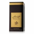 Perfume box with gold and black design on a white background