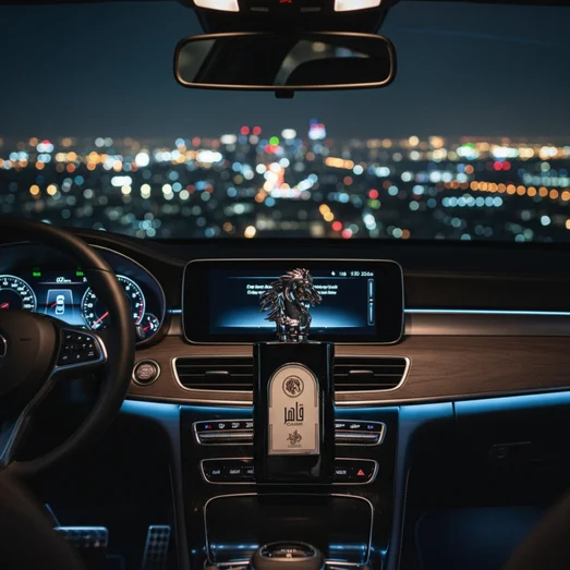 Qahir Man by Al Wataniah on car dashboard with city lights at night