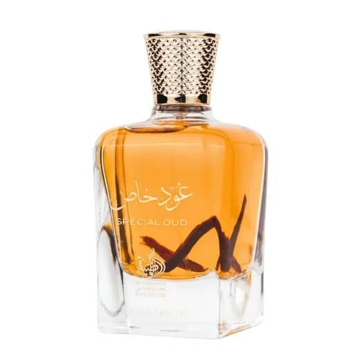 special oud Perfume bottle with gold cap on a white background