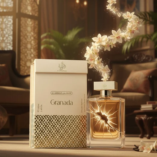 Perfume box with 'Al Andalus Granada' branding on a white background