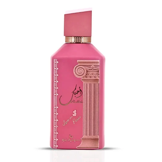 Pink perfume bottle with decorative design on a white background