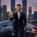 Men perfume bottle with tangerine slice in luxury car arrival Kuala Lumpur dusk – Al Dirgham men fragrance