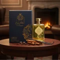 Al Dirgham Men perfume bottle with cloves cinnamon vanilla on wood lounge table – Al Dirgham men fragrance Malaysia evening