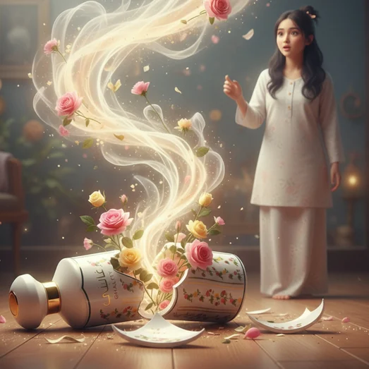 Perfume bottle with floral design and 'Ghality' branding on a white background