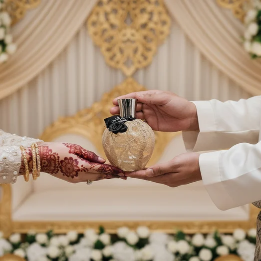 Perfume bottle with decorative lace wrap and black flower on a white background