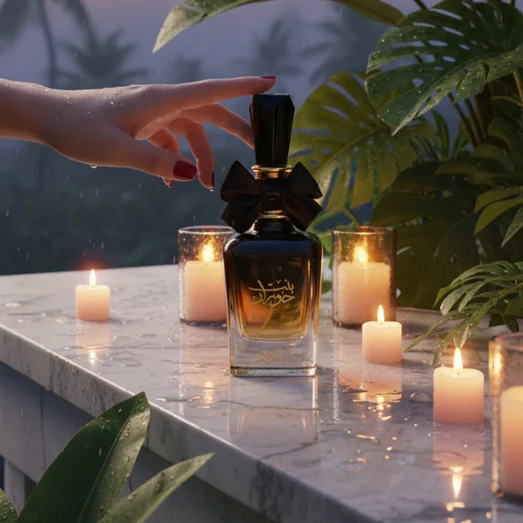 Women perfume on rain-wet marble terrace with candle glow and tropical plants – elegant fragrance