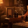 Fakhar Al Oud bottle on carved dark‑wood diwan with smoldering oud in brass burner; warm amber spotlight; Malaysian lounge.