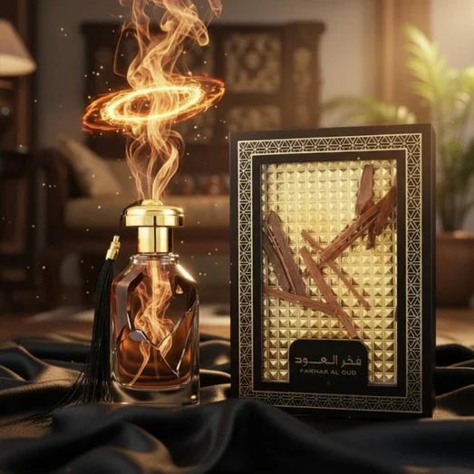 Fakhar Al Oud crowned by a glowing saffron ring above oud chips with ember sparks; black silk backdrop; clear product.