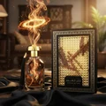 Fakhar Al Oud crowned by a glowing saffron ring above oud chips with ember sparks; black silk backdrop; clear product.