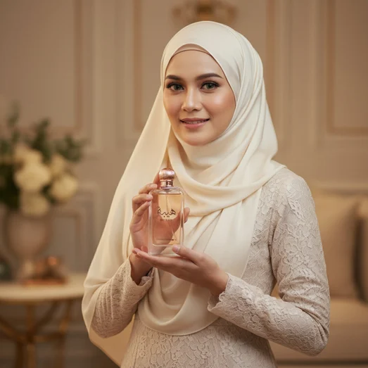 hijab-wearing woman holding Heibah, style soft elegant