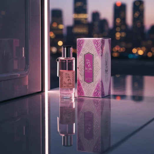 Hooria on door panel with feminine LED strip, city reflections.