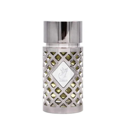 Silver lattice-patterned bottle with a metallic cap on a white background