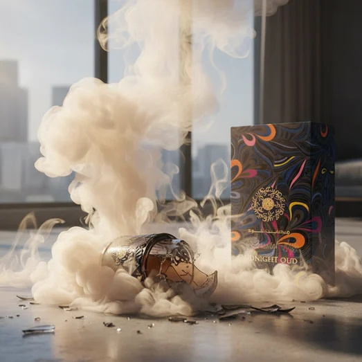 Colorful packaging box with abstract design and 'Midnight Oud' text on a white background