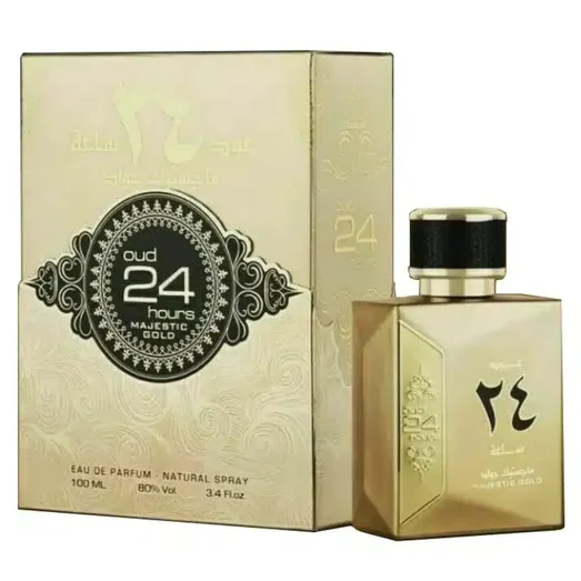 Gold perfume bottle and packaging with 'Oud 24' branding on a white background