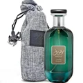 Green perfume bottle with silver cap and gray textured pouch on a white background
