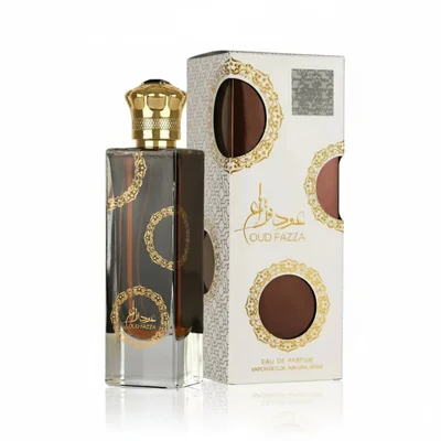 Oud Fazza perfume bottle and packaging on a white background