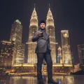 Malay man holding Oud 24 Hours at KLCC night – vibe luxurious