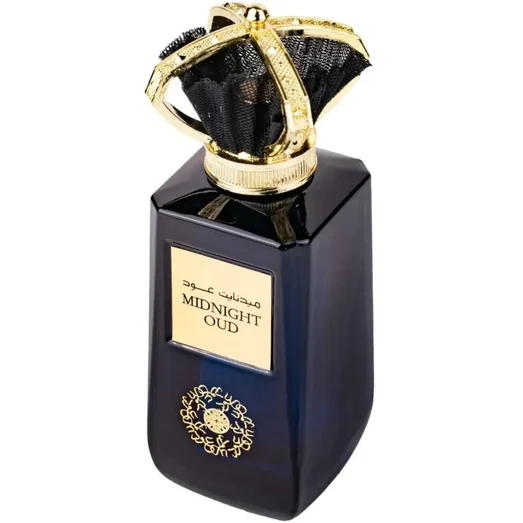 Perfume bottle labeled 'Midnight Oud' with gold accents on a white background