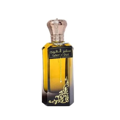Perfume bottle labeled 'Safeer al Oud' on a white background
