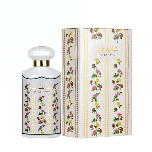 Perfume bottle and packaging with floral design on a white background Ghality 100ml EDP – Women's Flora Bloom Perfume by Ard Al Zaafaran