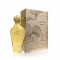 Gold perfume bottle and packaging with floral design on a white background