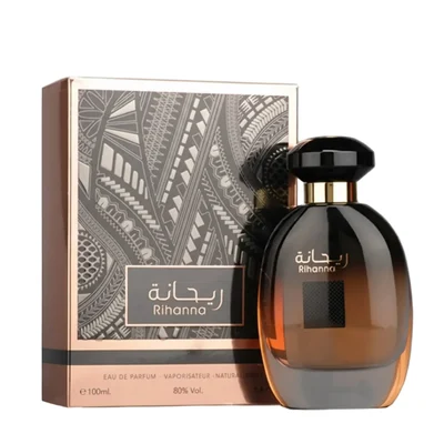 Rihanna perfume bottle and packaging on a white background