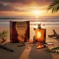 Romancea Perfume bottle and packaging on a beach at sunset