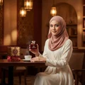 hijab-wearing woman cafe holding shams al emarat warm arabic