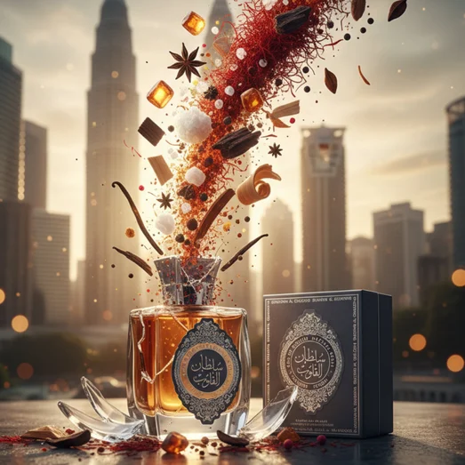 Perfume bottle with silver cap and decorative label on a white background