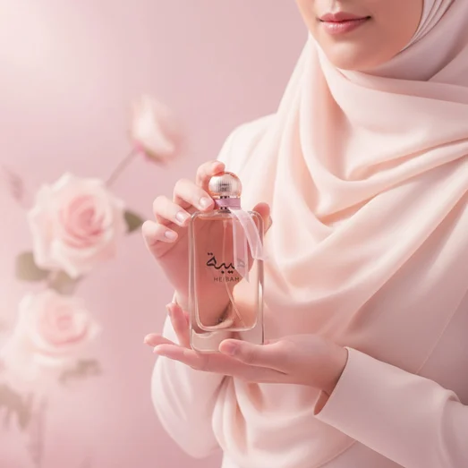 hijab-wearing woman holding Heibah, lighting pink soft feminine