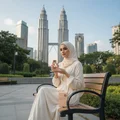 Hijabi woman holding Club De Nuit Woman by Armaf sitting on KLCC bench