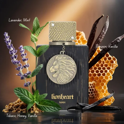 Perfume bottle labeled 'lionheart' with natural elements like lavender, mint, vanilla, and honeycomb on a dark background