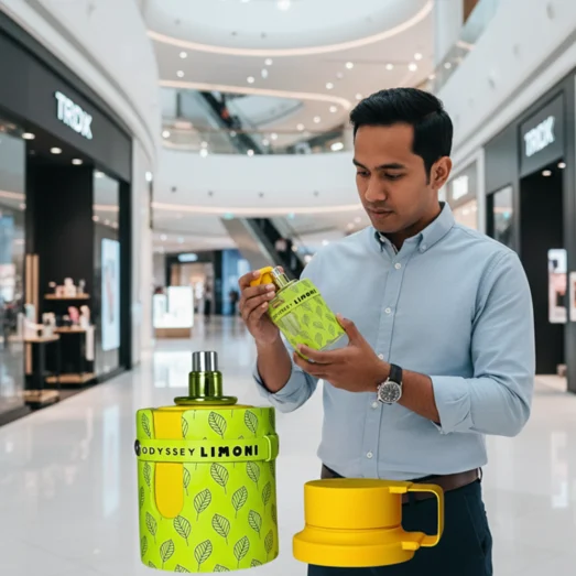 Man holding a bottle of Odyssey Limoni in a mall setting